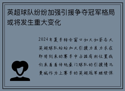 英超球队纷纷加强引援争夺冠军格局或将发生重大变化