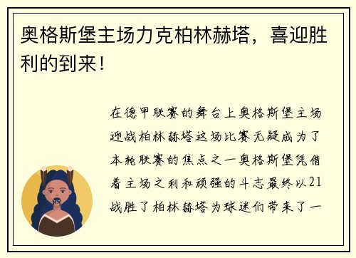 奥格斯堡主场力克柏林赫塔，喜迎胜利的到来！