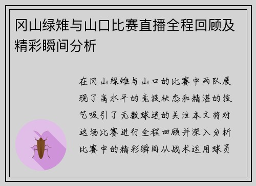 冈山绿雉与山口比赛直播全程回顾及精彩瞬间分析