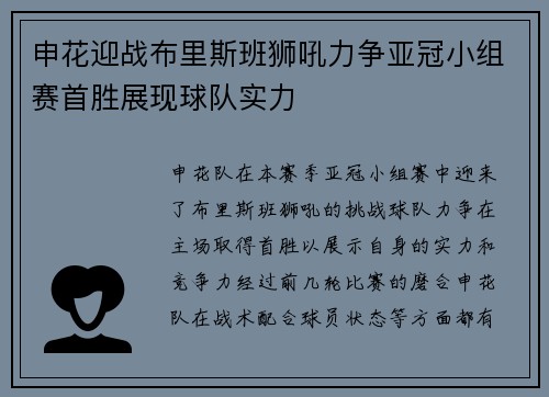 申花迎战布里斯班狮吼力争亚冠小组赛首胜展现球队实力
