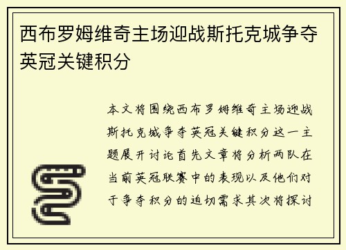 西布罗姆维奇主场迎战斯托克城争夺英冠关键积分