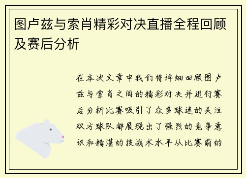 图卢兹与索肖精彩对决直播全程回顾及赛后分析