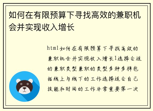 如何在有限预算下寻找高效的兼职机会并实现收入增长