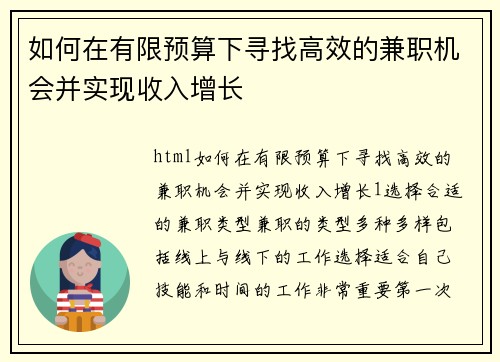 如何在有限预算下寻找高效的兼职机会并实现收入增长