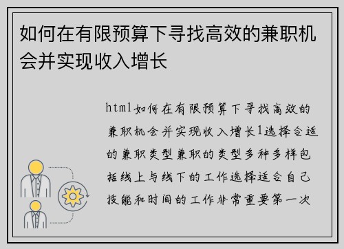 如何在有限预算下寻找高效的兼职机会并实现收入增长